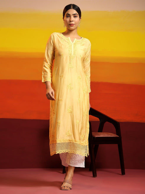 Fizaa Chikankari Long Kurta in Chanderi Silk for Women - Yellow